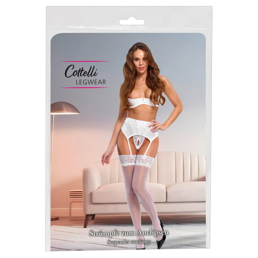 Cottelli Legwear-Elegante Zijdeachtige Jarretelkousen Wit