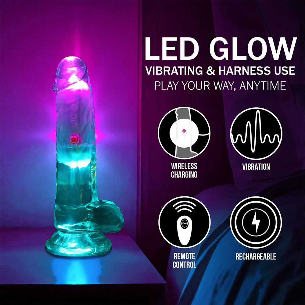 RealRock-LED Vibrating Straight Cock with Balls - 6" / 15 cm - Transparent