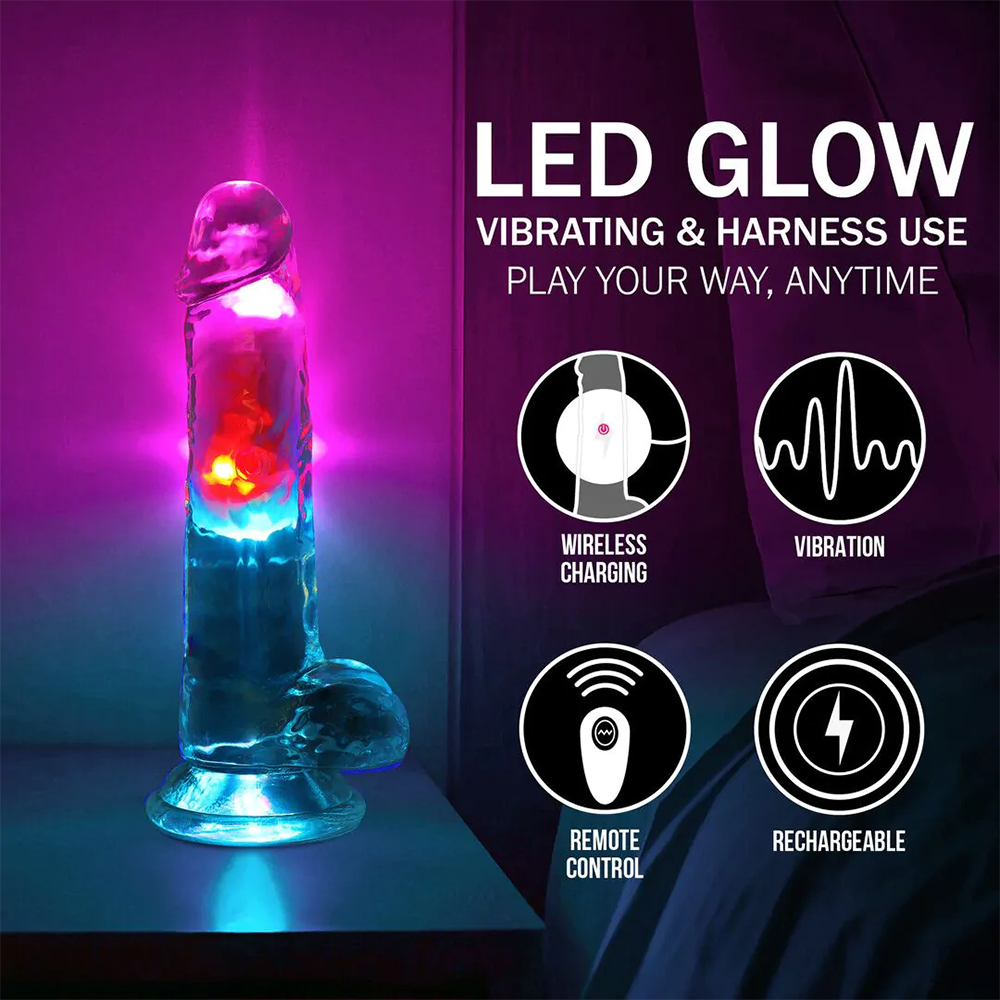 RealRock-LED Vibrating Straight Cock with Balls - 7" / 18 cm - Transparent