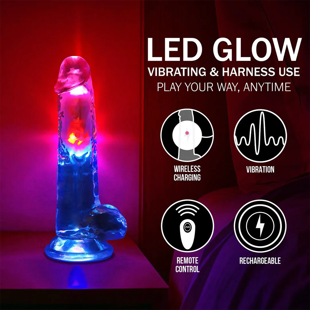 RealRock-LED Vibrating Straight Cock with Balls - 8" / 20 cm - Transparent