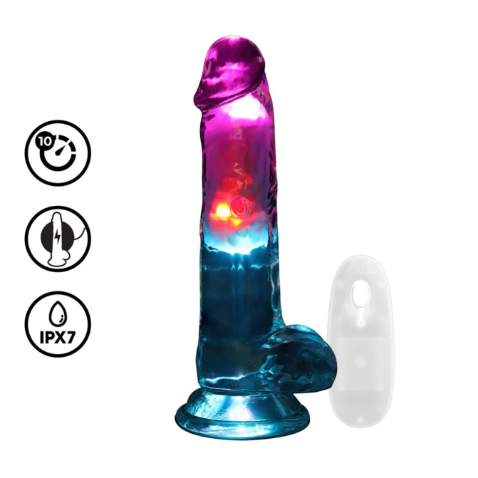 RealRock-LED Vibrating Straight Cock with Balls - 7" / 18 cm - Transparent