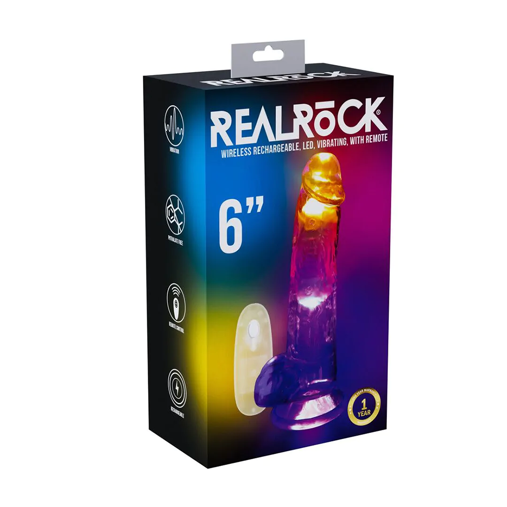 RealRock-LED Vibrating Straight Cock with Balls - 6" / 15 cm - Transparent