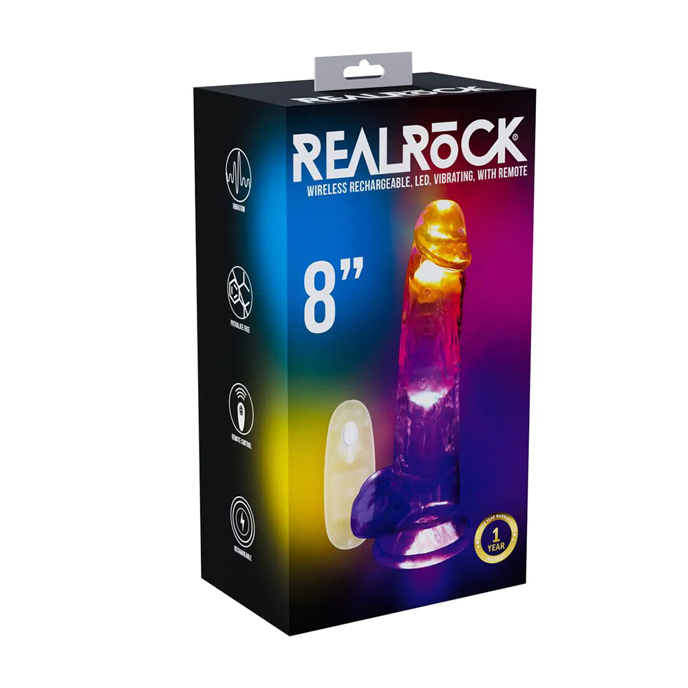 RealRock-LED Vibrating Straight Cock with Balls - 8" / 20 cm - Transparent
